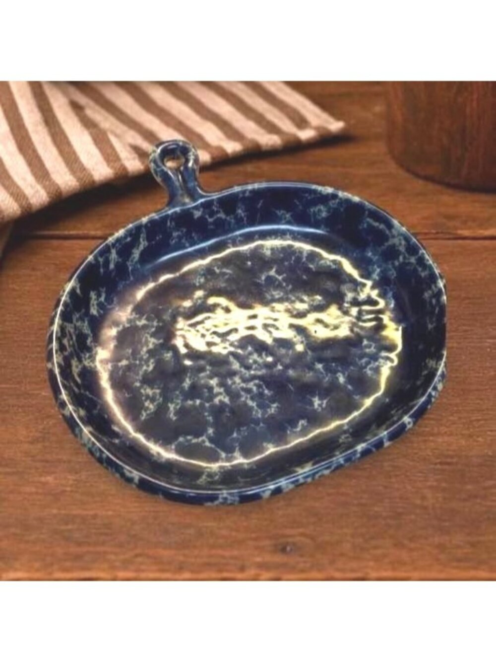 Vintage Bennington Potters Vermont Blue Spongeware Stoneware Handled Baker Dish